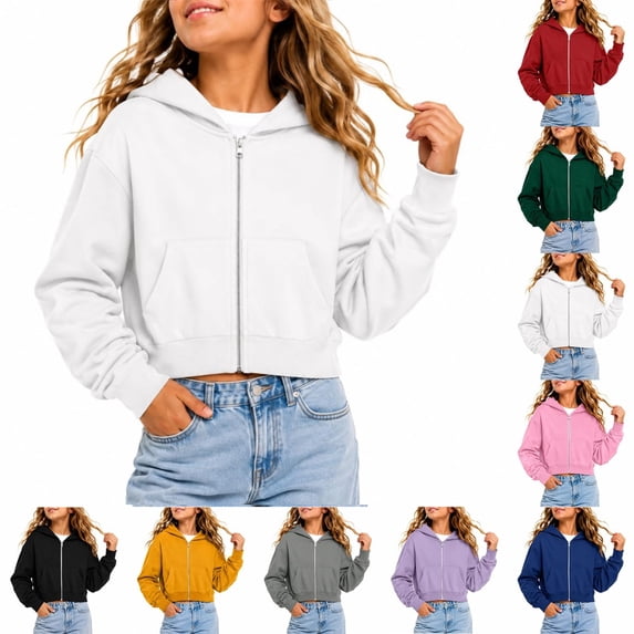 Abcomgle Zip Up Hoodies for Teen Girls Cropped Long Sleeve Jackets for Teen Girls Cute Casual Lightweight Girls Hoodies with Pockets