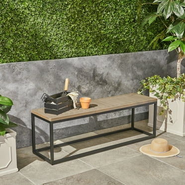Noble House Jeco Outdoor Industrial Acacia Wood and Iron Bench Gray and Black