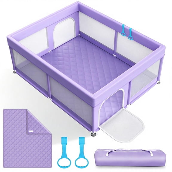 Abdtech 71"x79" Extra Large Baby Playpen with Mat, All-Wrapped Soft Sponge Play Pen with Zipper Door, Purple