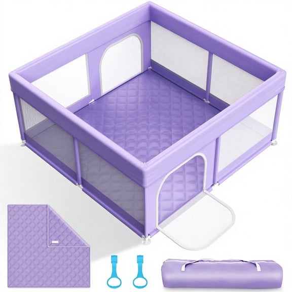 Abdtech Baby Playpen with Mat, 64"x64" Large Play Pen with All-Wrapped Soft Sponge and Stable Mat Velcro, Purple