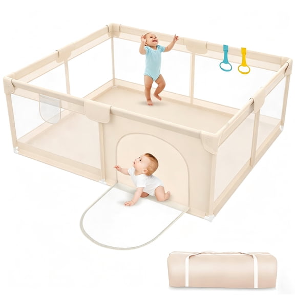 Abdtech Large Baby Playpen, Toddler Play Pen with Zipper Door, Portable Activity Center for Kids, 71x59 inch, Apricot