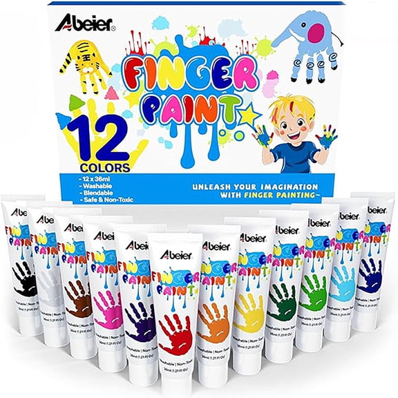 Abeier 12 Colors Finger Paint Set, 1.21oz Washable Blendable Bright Paint Tubes, Safe for Kids Handprint Art Diy Christmas Craft Projects