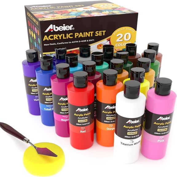 Abeier 20 Colors Acrylic Paint Set with Tools, 8.45 fl oz Large Volume Bottles, Non-Toxic Blendable Paint for Canvas Wood Rock Fabric Ceramic Diy Art Projects
