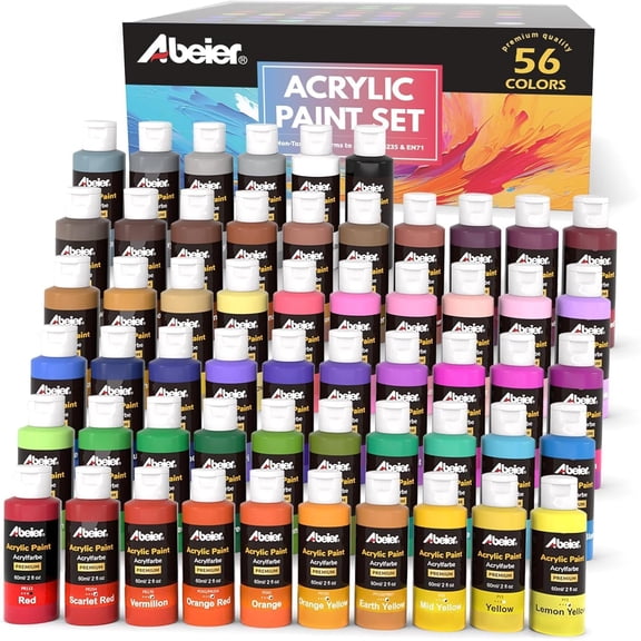 Abeier 56 Colors Acrylic Paint Set, 2oz Squeeze Bottles with Metallic Shades, Non-Toxic Acid-Free Creamy Craft Paint, Easy Mix High Coverage for Artists, Beginners & DIY Rock Canvas Wood Crafts