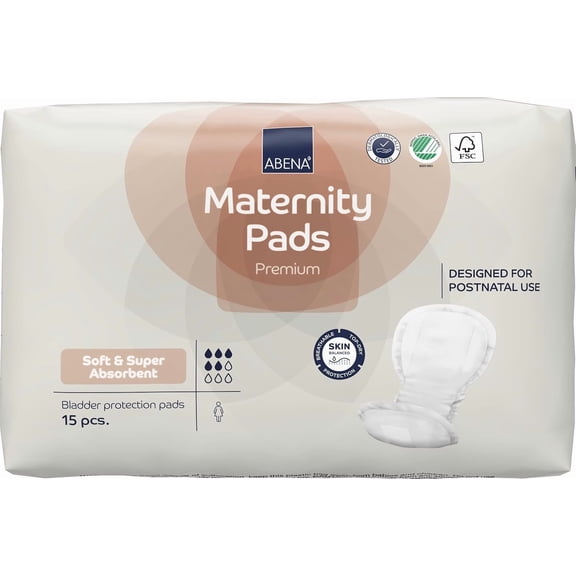 Abena Premium Maternity Pads for Women Super Absorption, Soft Disposable Pads, Breathable and Skin Friendly for After-Delivery Incontinence, 15 Count