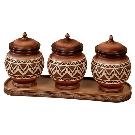 Abequa Covered Jars with Tray Multi Earth Set of Four 4 Set of 4