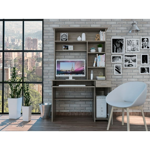 Aberdeen 2-Drawer 7-Shelf Computer Desk - Light Gray