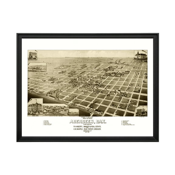 Aberdeen Art, 1883 Vintage Map of Aberdeen South Dakota, SD History Wall Decor Gift, Old Aberdeen Map - 24" x 18" Black Framed Print