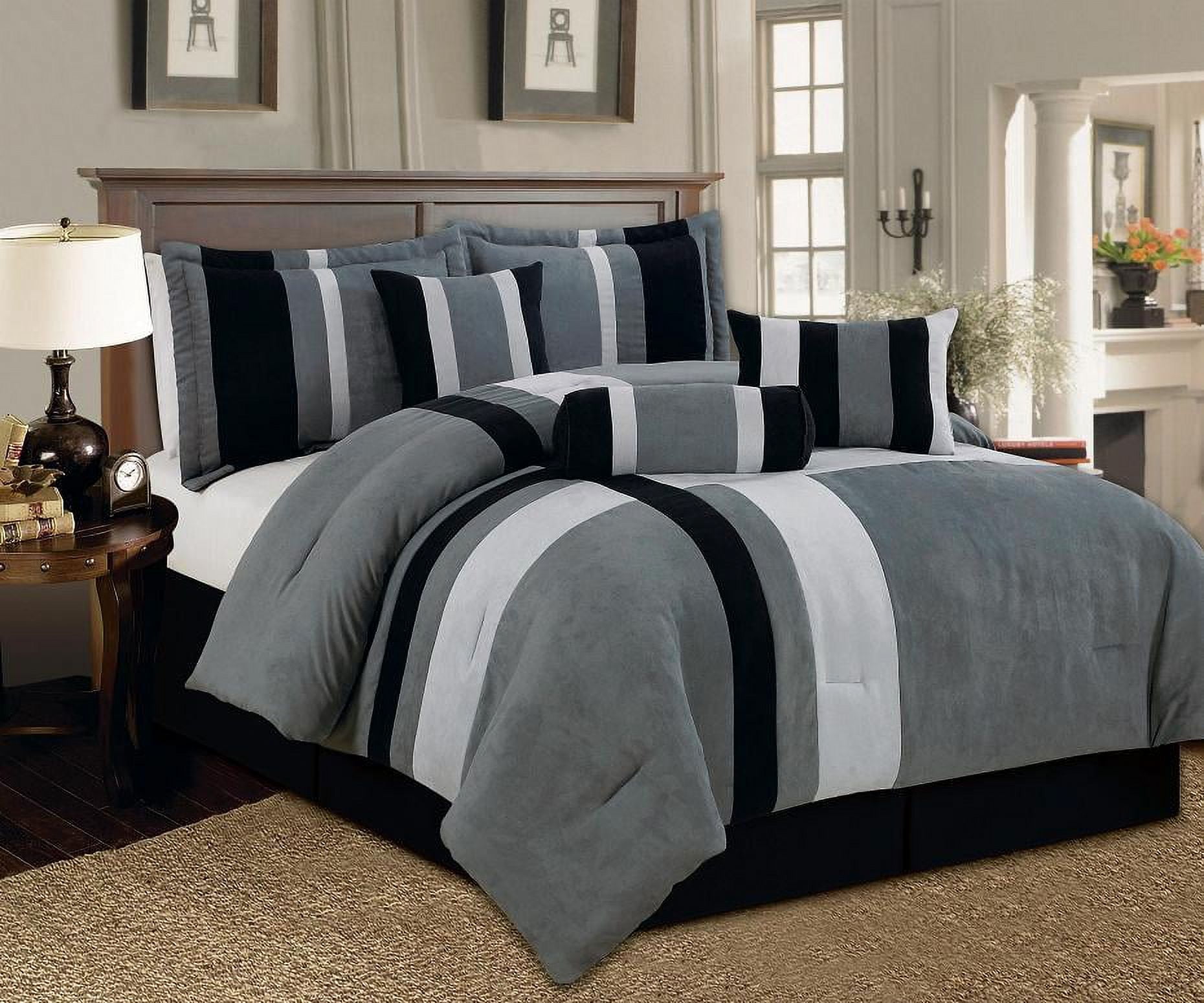 Aberdeen King Size 7-Piece Luxurious Comforter Set Micro Suede Soft Bed in a Bag Patchwork Black Gray & White