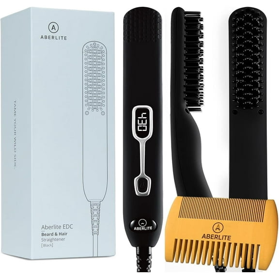 Aberlite EDC - Men's Professional Heated Beard Straightening Brush and Grooming Tool (for 0.5 inch plus Beards) (Black)