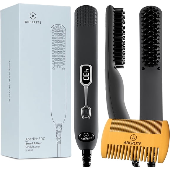 Aberlite EDC - Men's Professional Heated Beard Straightening Brush and Grooming Tool (for 0.5 inch plus Beards) (Black)