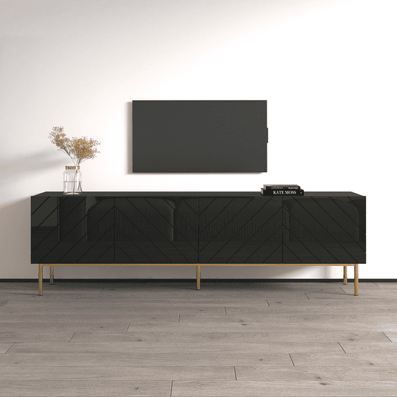 Abeto TV Stand for TVs up to 85", Mid-Century Modern High Gloss 75" Entertainment Center, TV Media Console with Storage Cabinets and LED Lights