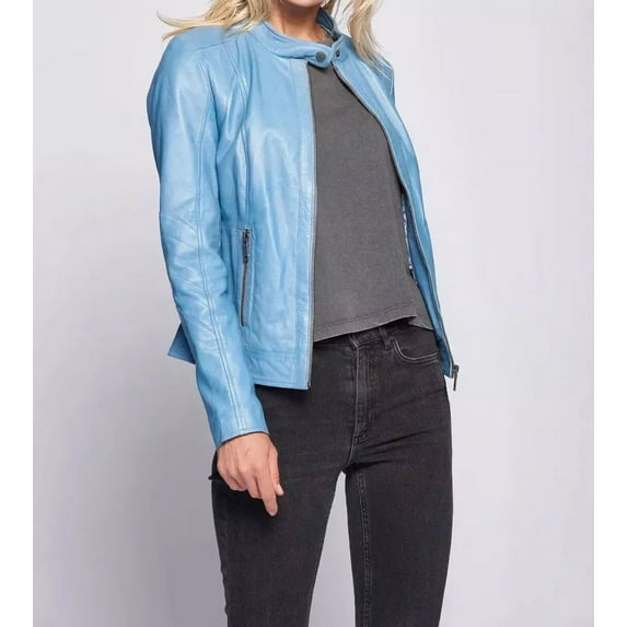 Abez Light Blue Women's Motorcycle Biker 100% Pure Lambskin Leather Jacket Party Wear Jacket