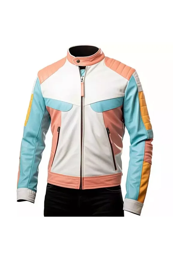 Abez Men Motorcycle Pure Lambskin Baby Pink Light Blue White Colorful Leather Jacket Party Wear Jacket