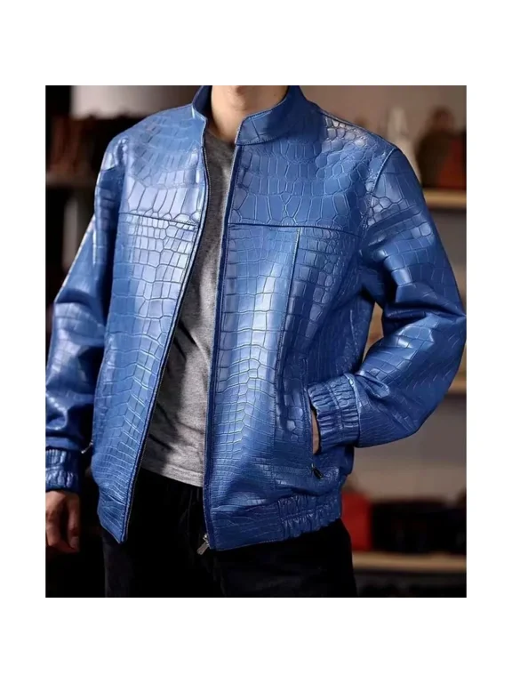 Abez Men's Blue Crocodile Embossed Bomber Motorcycle Alligator Print Jacket