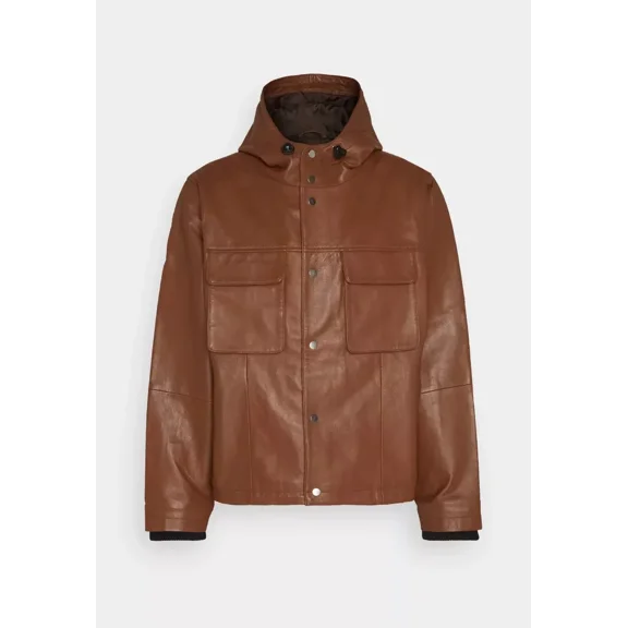 Abez Men's Brown Hooded Genuine Lambskin Leather Biker jacket Hooded Sweatshirt