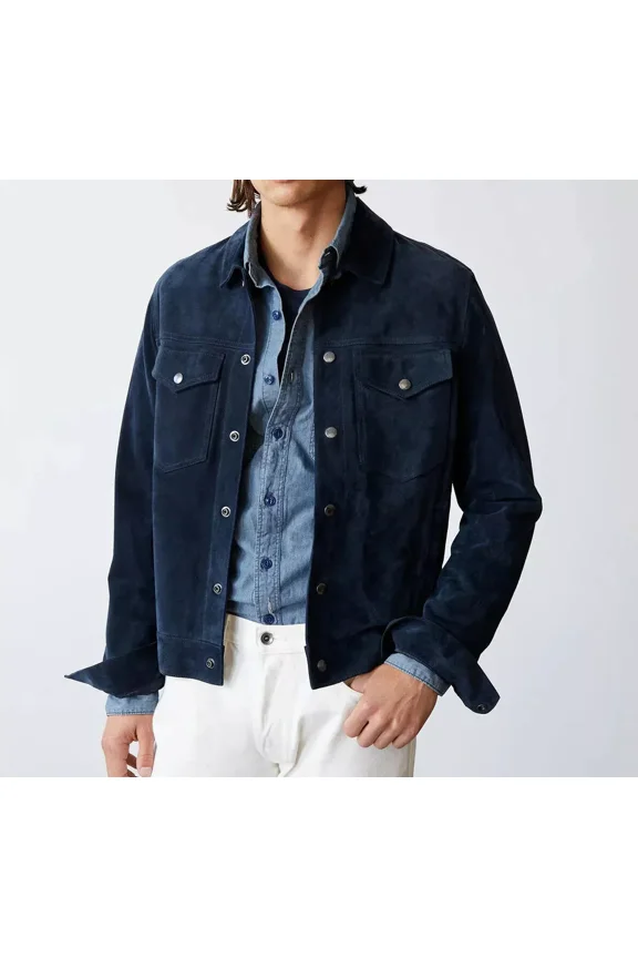 Abez Men's Navy Blue Racer Leather Jacket Pure Suede Cafe Biker Motar Jacket Party Wear Jacket