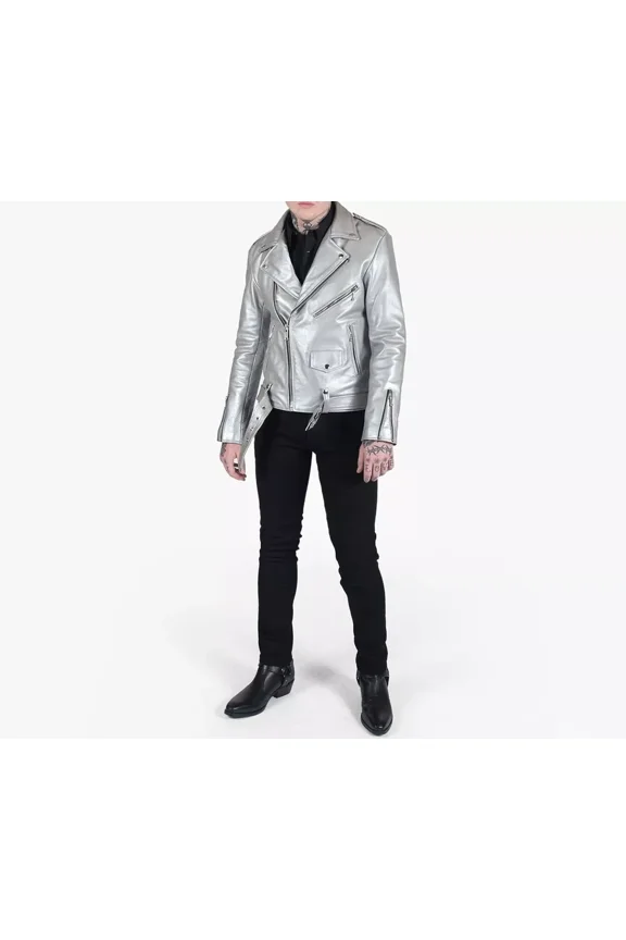 Abez Men's Silver Biker Leather Jacket Real Lambskin Motorcycle Racer Jacket For Men's Party Wear Jacket