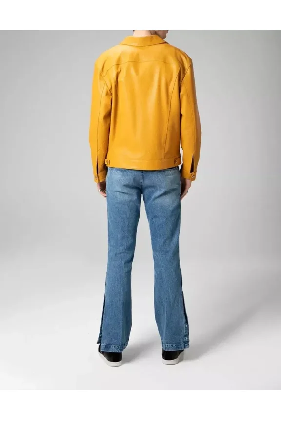 Abez Men's Slim Fit Yellow Denim Trucker Lambskin Leather Jacket Shirt Style Party Wear Jacket