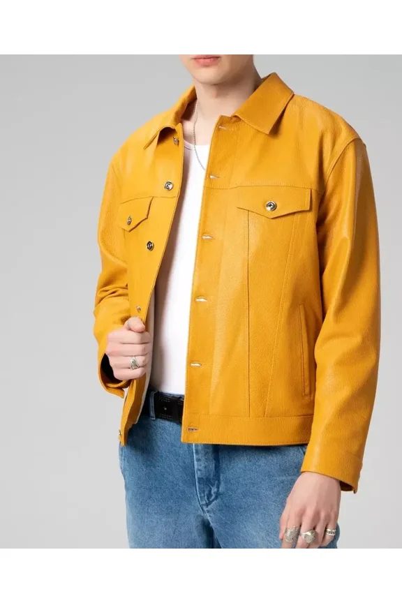 Abez Men's Slim Fit Yellow Denim Trucker Lambskin Leather Jacket Shirt Style Party Wear Jacket