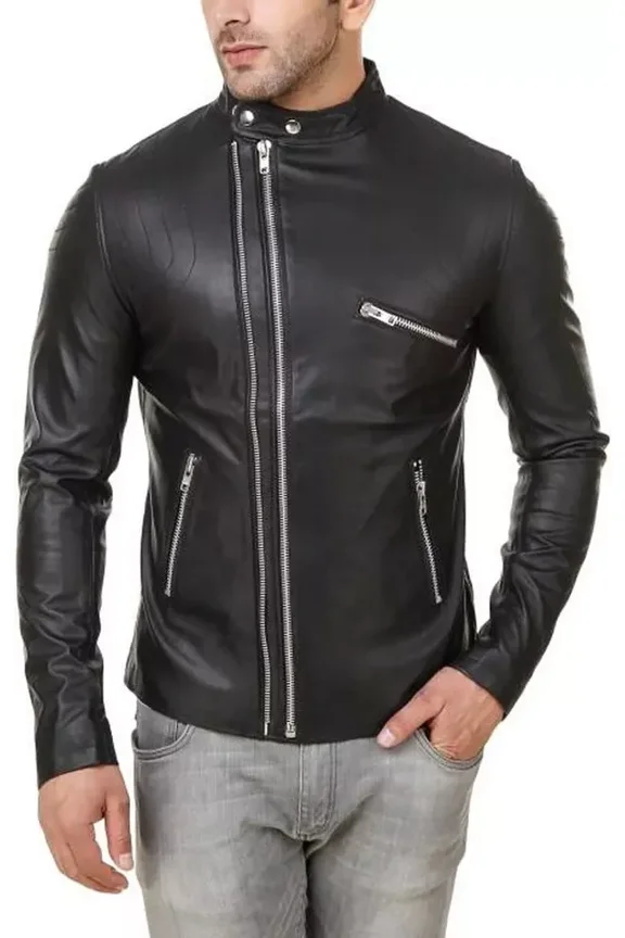 Abez Slim Fit All season Men's Black Biker Leather Jacket Genuine Lambskin Racer