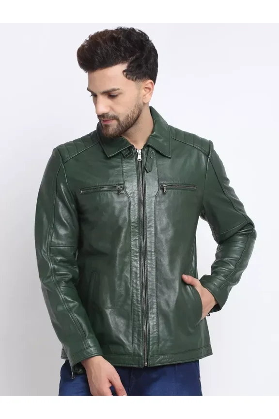 Abez Slim Fit Men's olive Lambskin Motorcycle Biker Jacket All Seasons Party Wear Jacket