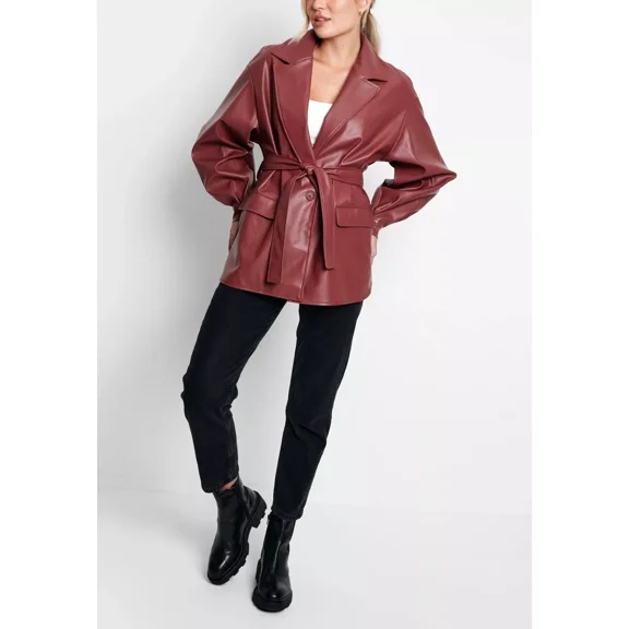 Abez Trend Women's Unique Lambskin Designer Coat Red Maroon Real Leather Party Wear Jacket