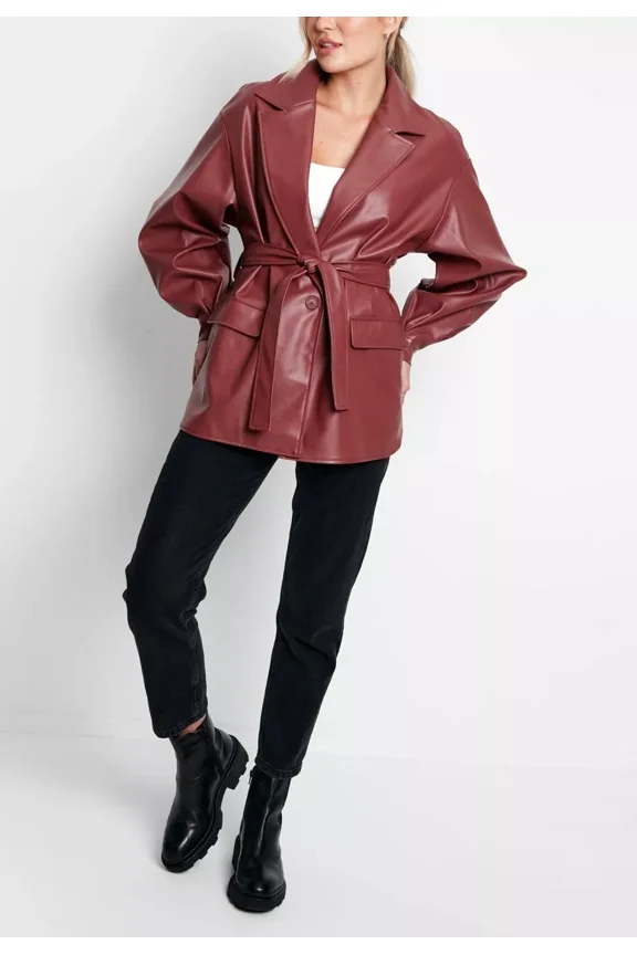 Abez Trend Women's Unique Lambskin Designer Coat Red Maroon Real Leather Party Wear Jacket