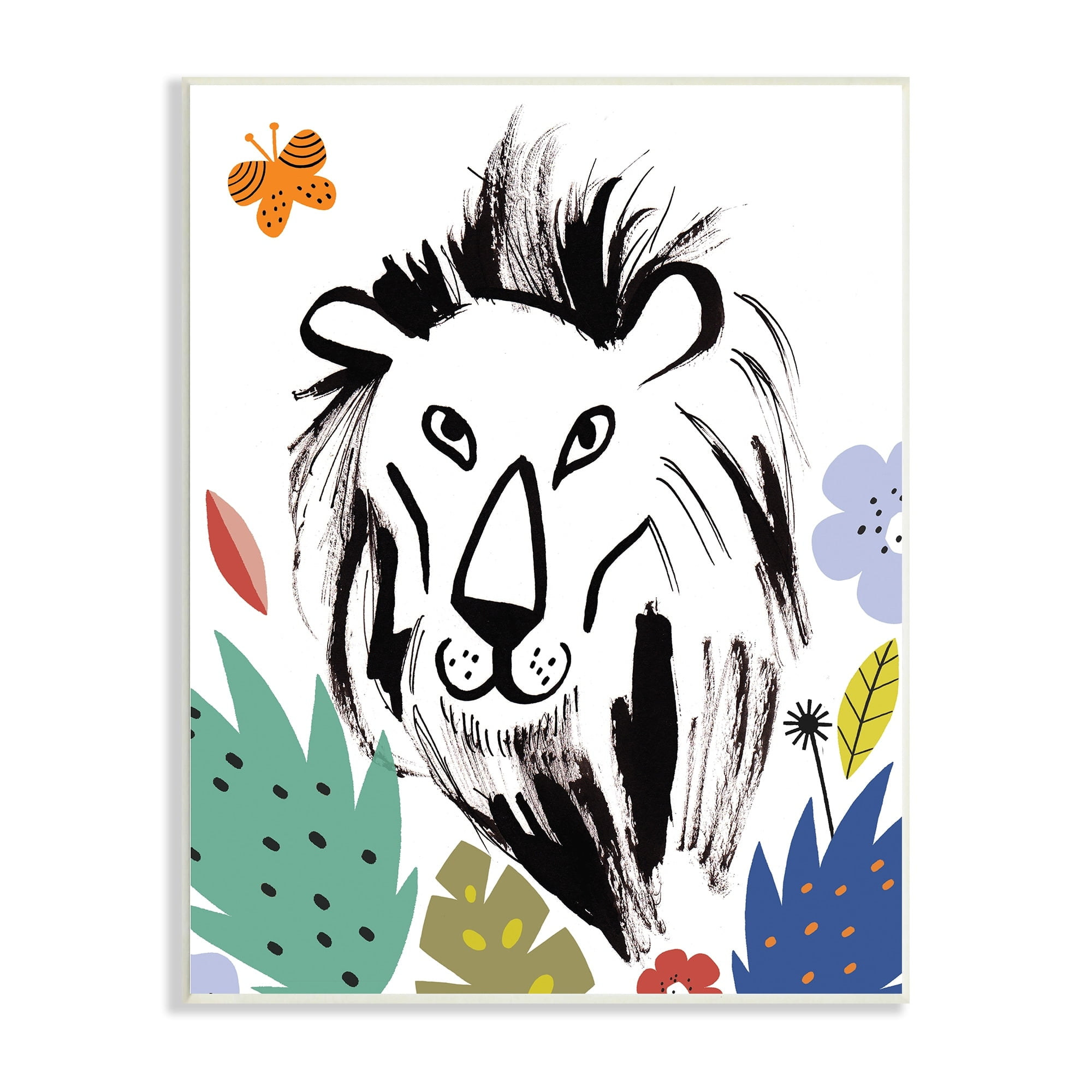 Stupell Industries Lion Jungle Vegetation Butterfly Doodle Safari Cat Portrait,13 x 19, Design by Abi Hall