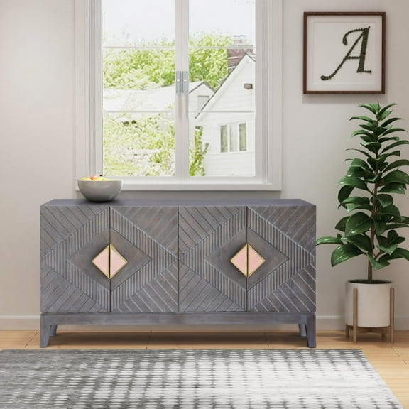 Abiel 55 Inch Mango Wood Sideboard Buffet Cabinet Console 4 Doors Inner Shelf Ornate Diamond Carving Gray - Saltoro