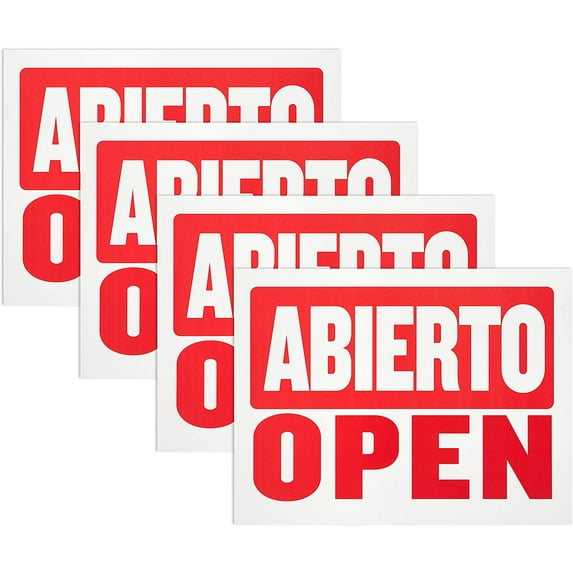 Abierto Sign with Cerrado on Back - Double Sided, Abierto Red and White, Flexible Plastic, 9 X 12 Inches, Waterproof and Rustproof Signboards for Business, Store, Office (Pack of 4) - by Hespex