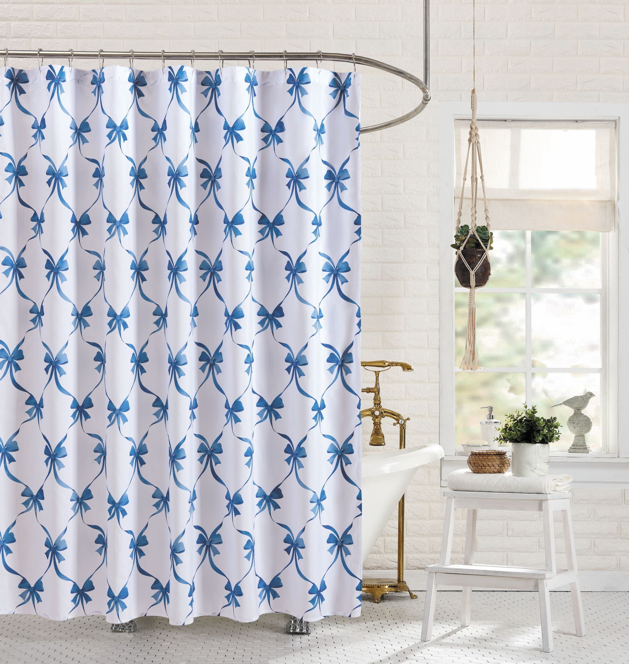 Modern Heirloom Abigail Bow Blue and White Microfiber Decorative Fabric Shower Curtain, 72” x 72"