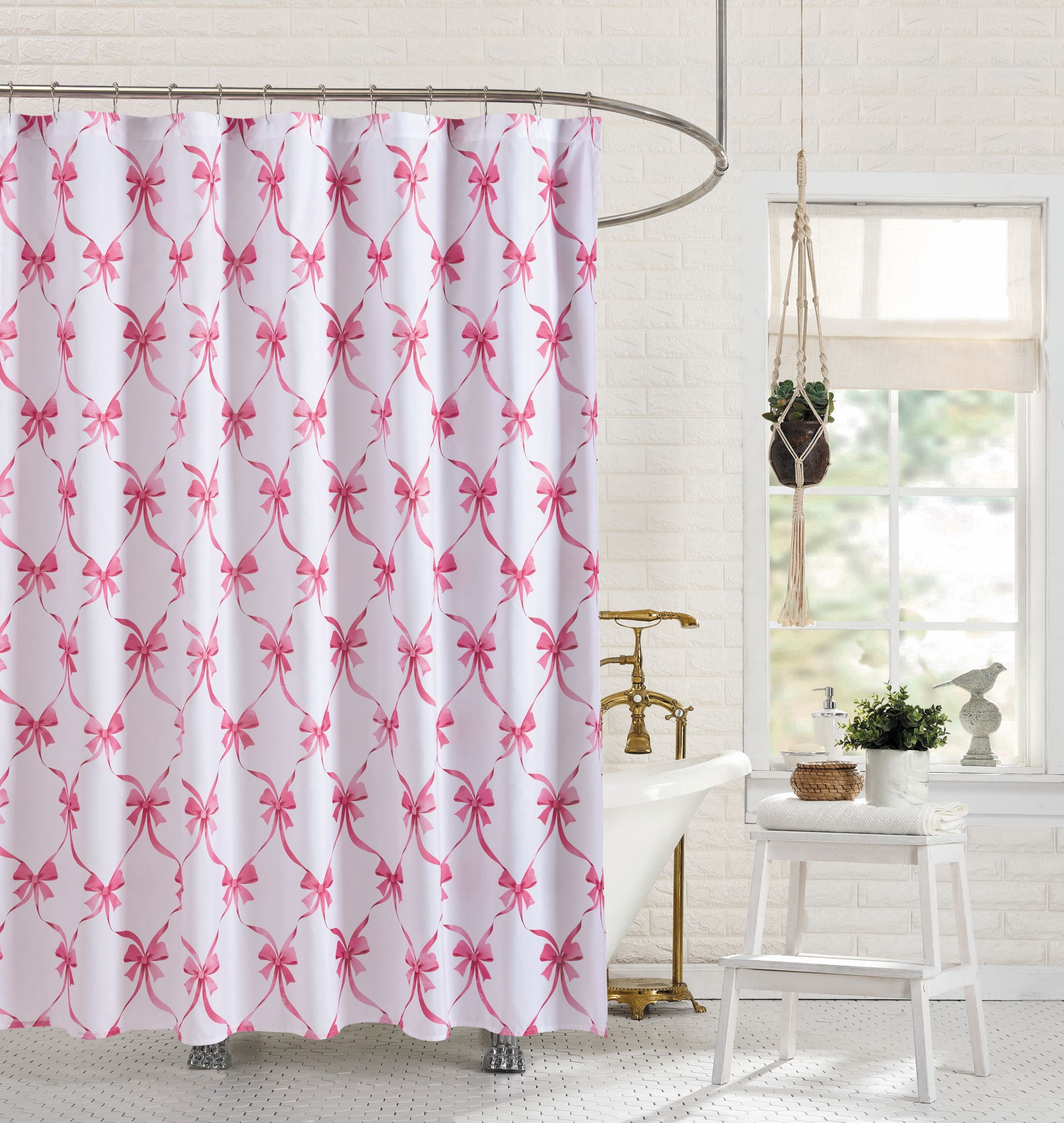 Modern Heirloom Abigail Bow Pink and White Microfiber Decorative Fabric Shower Curtain, 72” x 72"