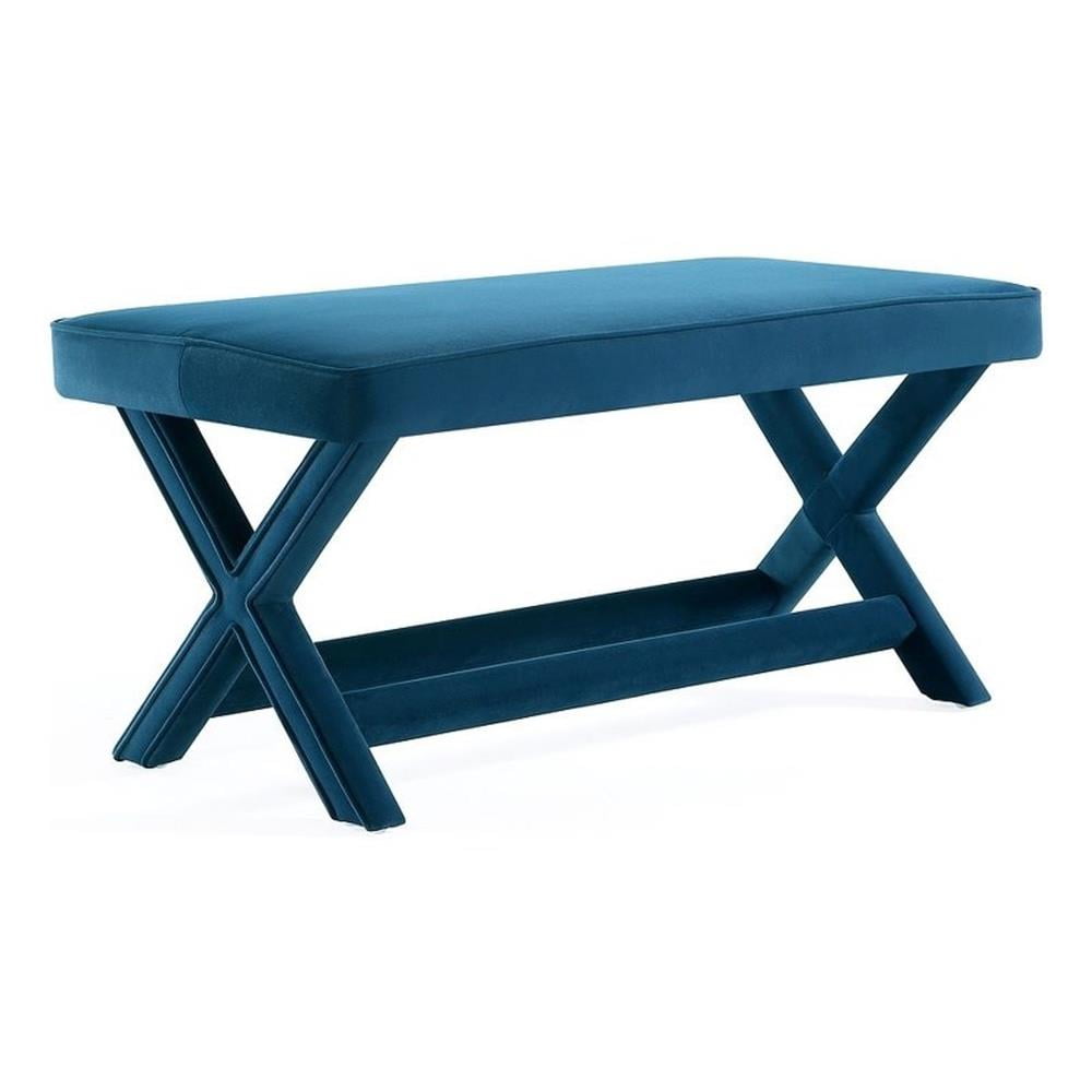 Abigail Blue Velvet Upholstered Double Ottoman with Solid Wood Frame