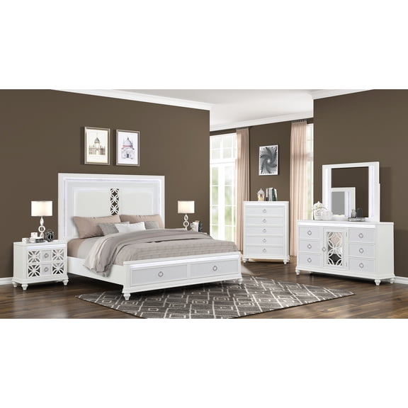 Abigale King 5 Piece Wood Bedroom Set with LED Storage Bed in White