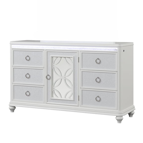 Abigale Modern 6-Drawer Dresser with Center Cabinet, LED Lighting, Decorative Overlay Design, White Finish