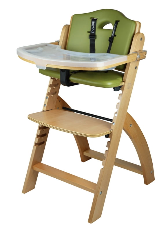 Abiie Beyond Wooden High Chair with Tray. The Perfect Adjustable Baby Highchair Solution for Your Babies and Toddlers or as a Dining Chair. (6 Months up to 250 Lb) (Natural Wood - Olive Cushion)
