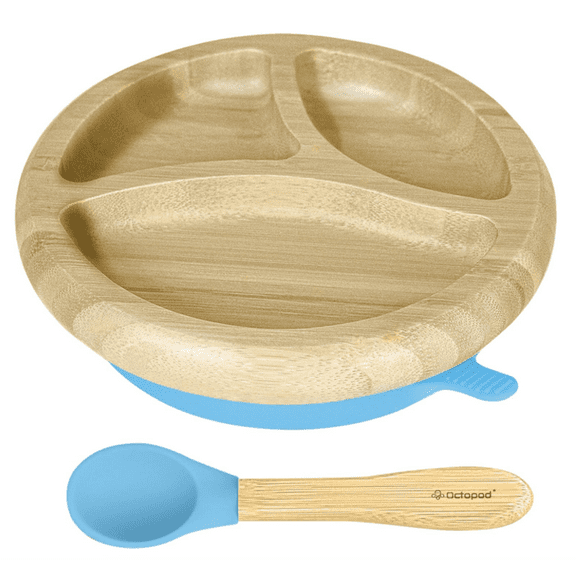 Abiie Octopod Bamboo Dish - Kids Plates for 4 months and up, 3-Compartment Baby Plates with Suction, Round Bamboo Baby Plate, Mess-Free Toddler Suction Plates, Baby Feeding Supplies (Blue)