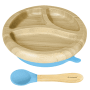 Abiie Octopod Bamboo Dish - Kids Plates for 4 months and up, 3-Compartment Baby Plates with Suction, Round Bamboo Baby Plate, Mess-Free Toddler Suction Plates, Baby Feeding Supplies Blue