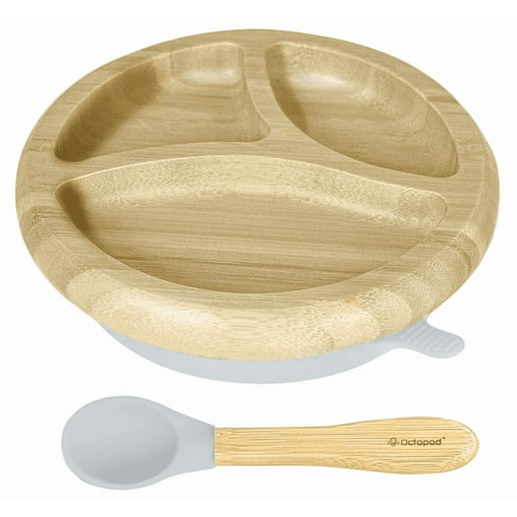 Abiie Octopod Bamboo Dish - Kids Plates for 4 months and up, 3-Compartment Baby Plates with Suction, Round Bamboo Baby Plate, Mess-Free Toddler Suction Plates, Baby Feeding Supplies (Grey)