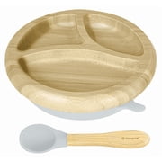 Abiie Octopod Bamboo Dish - Kids Plates for 4 months and up, 3-Compartment Baby Plates with Suction, Round Bamboo Baby Plate, Mess-Free Toddler Suction Plates, Baby Feeding Supplies Grey