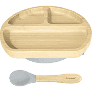 Abiie Octopod Bamboo Dish - Kids Plates for 4 months and up, 3-Compartment Baby Plates with Suction, Triangle Bamboo Baby Plate, Mess-Free Toddler Suction Plates, Baby Feeding Supplies Grey