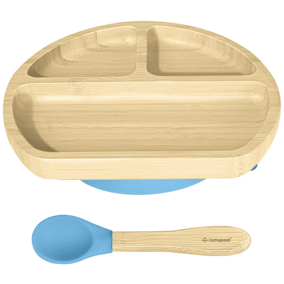 Abiie Octopod Bamboo Dish - Kids Plates for 4 months and up, 3-Compartment Baby Plates with Suction, Triangle Bamboo Baby Plate, Mess-Free Toddler Suction Plates, Baby Feeding Supplies (Blue)