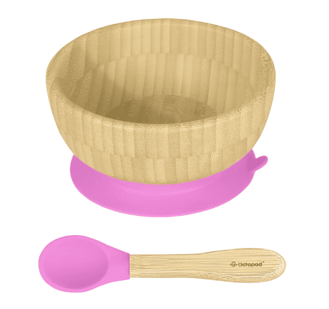 Abiie Octopod Bamboo Suction Bowl -  Baby Bowl with Suction for 4 months and up, High-Chair Bamboo Baby Plate, Mess-Free Toddler Suction Plates, Ergonomic Baby Feeding Supplies - (Pink)