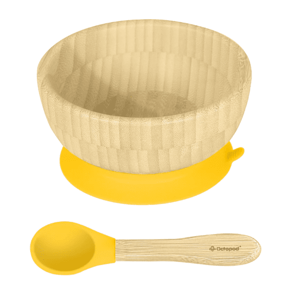 Abiie Octopod Bamboo Suction Bowl -  Baby Bowl with Suction for 4 months and up, High-Chair Bamboo Baby Plate, Mess-Free Toddler Suction Plates, Ergonomic Baby Feeding Supplies - (Yellow)