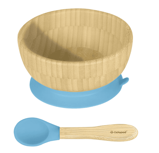 Abiie Octopod Bamboo Suction Bowl -  Baby Bowl with Suction for 4 months and up, High-Chair Bamboo Baby Plate, Mess-Free Toddler Suction Plates, Ergonomic Baby Feeding Supplies - (Blue)