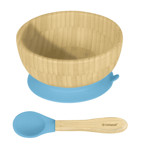 Abiie Octopod Bamboo Suction Bowl -  Baby Bowl with Suction for 4 months and up, High-Chair Bamboo Baby Plate, Mess-Free Toddler Suction Plates, Ergonomic Baby Feeding Supplies - (Blue)