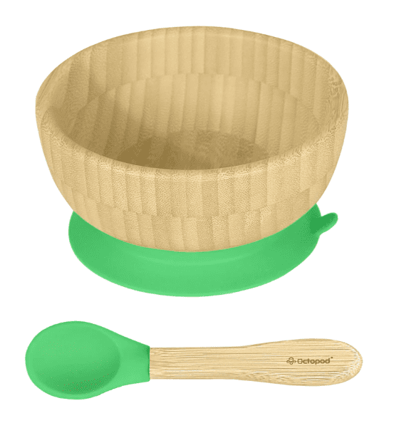 Abiie Octopod Bamboo Suction Bowl -  Baby Bowl with Suction for 4 months and up, High-Chair Bamboo Baby Plate, Mess-Free Toddler Suction Plates, Ergonomic Baby Feeding Supplies - (Green)