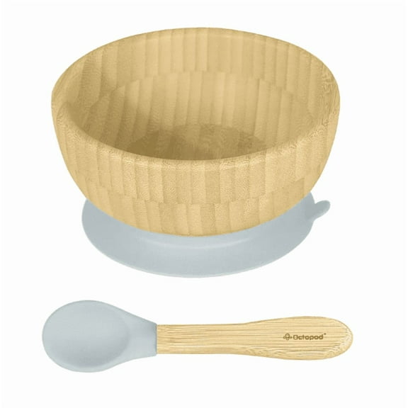 Abiie Octopod Bamboo Suction Bowl - Baby Bowl with Suction for 4 months and up, High-Chair Bamboo Baby Plate, Mess-Free Toddler Suction Plates, Ergonomic Baby Feeding Supplies - (Grey)