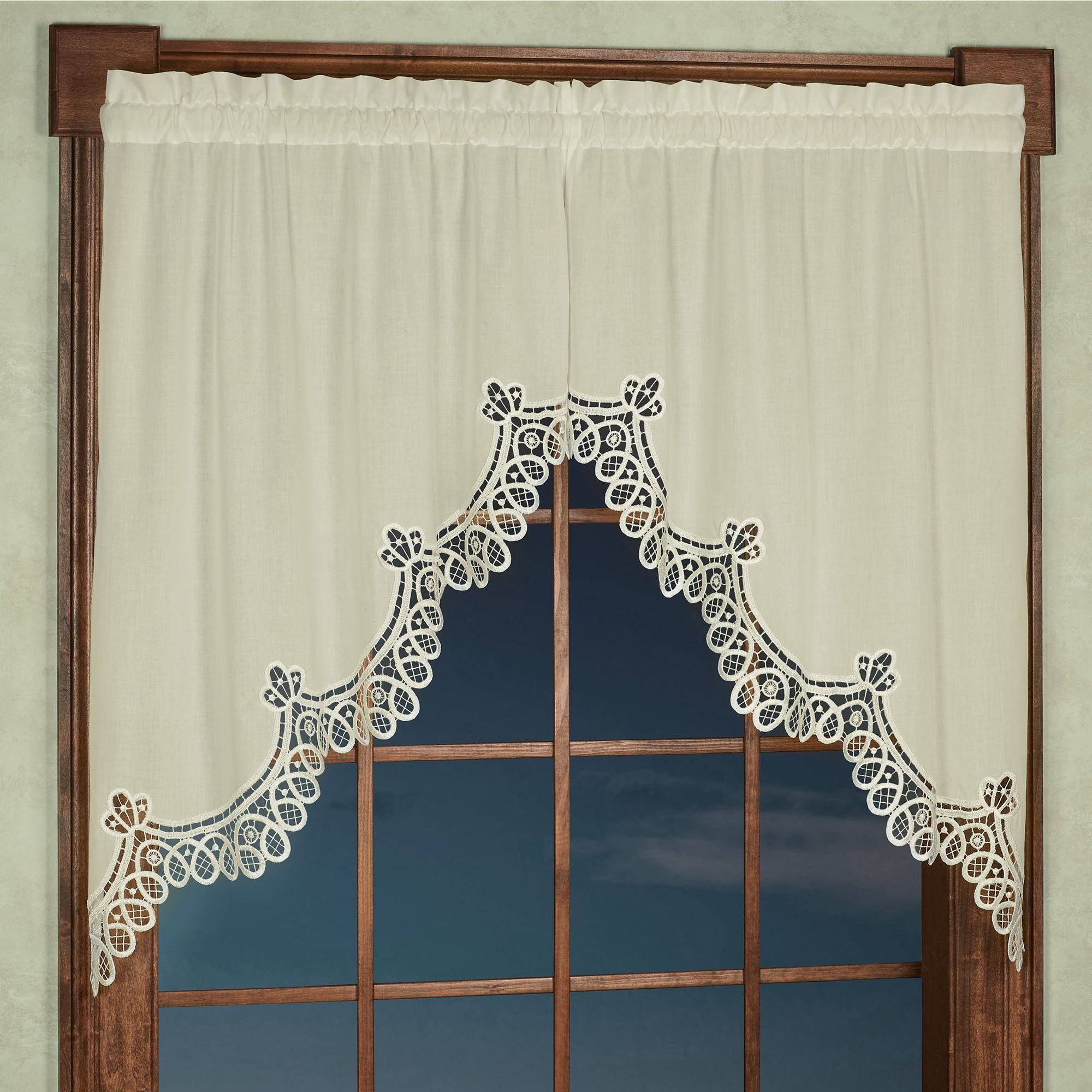 Abilene Ecru Cream Lace Trimmed Window Swag Valance Pair Swag Valance